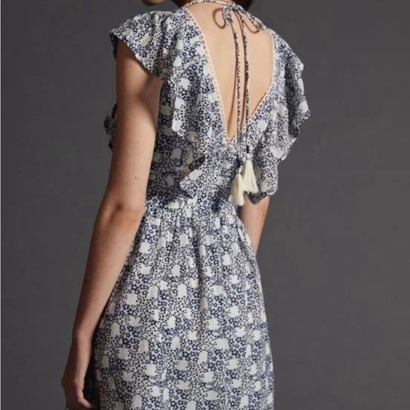 Anthropologie Blue & Cream Floral Printed Ruffle Sleeve Mini Dress - Picture 2 of 7